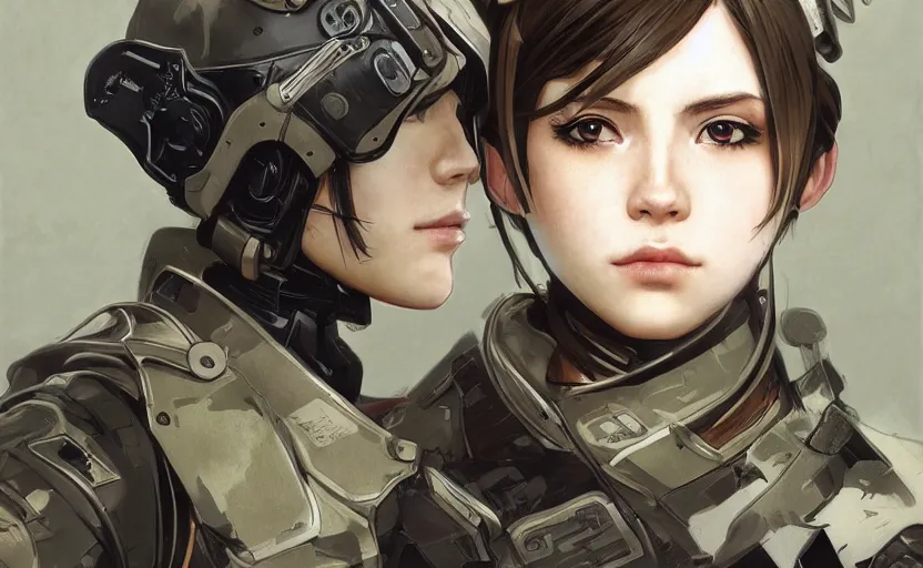 Image similar to portrait, mechanized soldier girl, anime style, urban, military gear, soldier clothing, combat helmet, short hair, hair down, symmetrical facial features, from arknights, hyper realistic, 4 k, rule of thirds, extreme detail, detailed drawing, trending artstation, hd, d & d, realistic lighting, by alphonse mucha, greg rutkowski