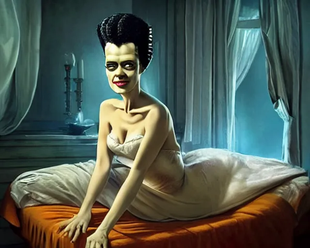 Image similar to phtorealistic modern pin up of the bride of frankenstein posing in a bed in the room of a sanatarium, full body, campy color scheme, realistic, center, smooth, golden ratio, detailed, aly fell, daniela uhlig