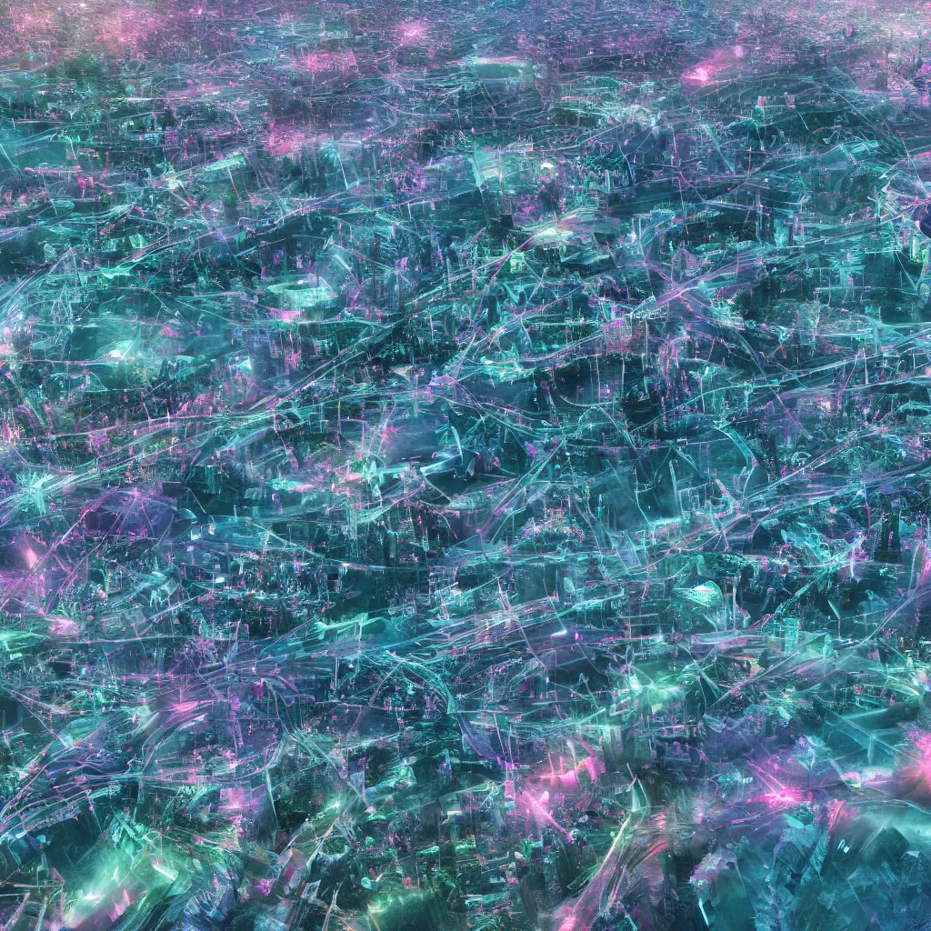 Prompt: aerial high resolution!! photography of a landscape filled with a disrupted biotech networks, vibrant and iridescent, highly ornated, sky is not visible, 8K, Octane Render, cinematic, state of the art, hyperrealistic lights, random scheme color