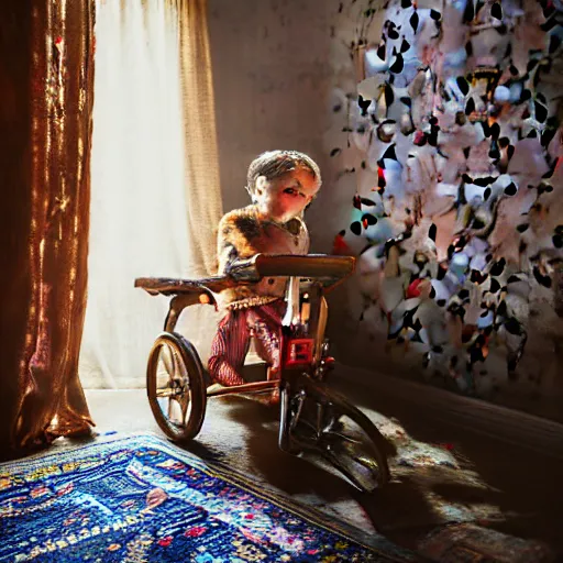 Prompt: A dark kitsch-filled dusty parlor brightened by a morning sunbeam with floating dust particles, a small tattered Persian rug is on the floor, a little child\'s tricycle is parked in the corner of the room, cinematic, vignette, ultrarealistic, photograph, natural lighting