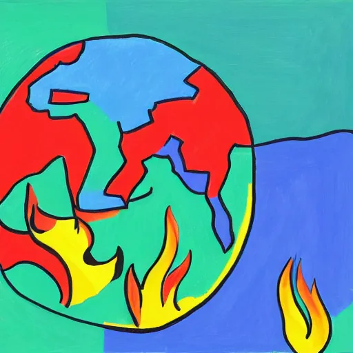 Image similar to cartoon hd illustration of the world on fire, inspired by matisse, malevich, david hockney, colorful, happy, trending on artstation, 4 k