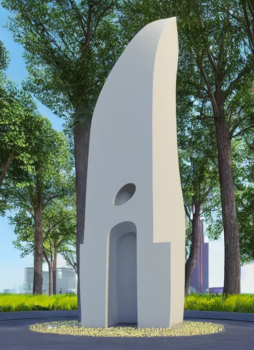 Image similar to highly detailed realistic architecture 3 d render of a futurisctic stele made from atoms standing in a city park, archdaily, made in unreal engine 4 octane render