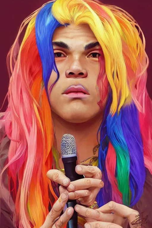 Image similar to colorful cottagecore tekashi 6ix9ine holding a microphone. intricate, elegant. highly detailed, digital painting, artstation, concept art, smooth, sharp, focus, illustration. . art by artgerm and greg rutkowski and alphonse mucha