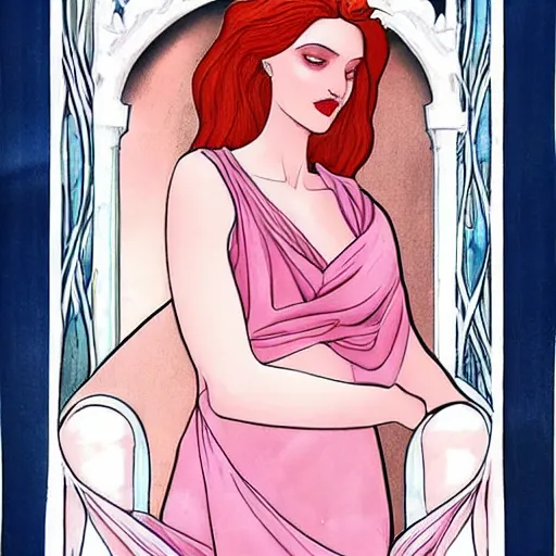 Prompt: tall woman, lithe goddess, soft red hair, fair skin, art nouveau, flushed cheeks, pink lips, beautiful, grecian goddess, aphrodite, atmospheric