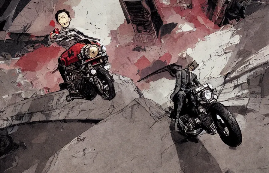 Image similar to Iconic Akira motorcycle slide, by Greg Rutkowski and Dave McKean, animation, hand drawn