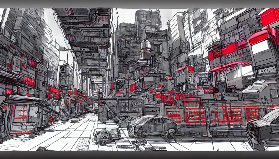 Prompt: Concept Art Sketch of neo-Tokyo Maximum Security Mint, in the Style of Akira, Anime, Dystopian, Highly Detailed, Red Building, Helipad, Special Forces Security, Giant Crypto Vault, Docks, Shipping Containers, Helicopter Drones, 19XX :2 Akira Movie style : 8