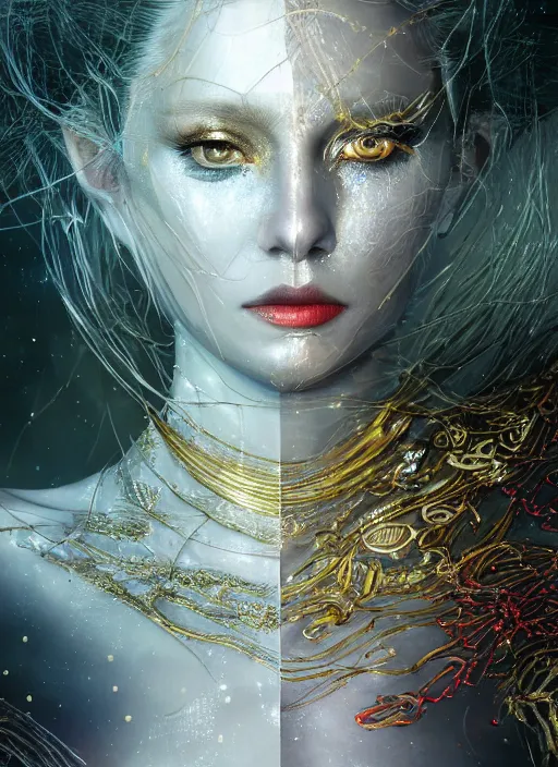 Image similar to glowing silver and golden elements, full close-up portrait, dark witch from shutterstock, book cover, green forest, white moon, red lips, establishing shot, extremly high detail, photo-realistic, cinematic lighting, pen and ink, intricate line drawings, by Yoshitaka Amano, Ruan Jia, Kentaro Miura, Artgerm, post processed, concept art, artstation, matte painting, style by eddie, raphael lacoste, alex ross