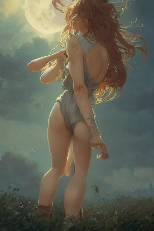 Image similar to fantasy, beautiful leg, long hair, girl, portrait, cloud sky and moon night background, high detail, cinematic lighting, concept art, digital art, illustration, smooth, sharp focus, greg rutkowski, alphonse mucha, loish, wlop, trending on artstation, trending on deviantart