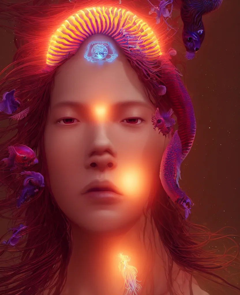 Image similar to goddess close-up portrait. jellyfish phoenix head, nautilus, orchid, skull, betta fish, bioluminiscent creatures, intricate artwork by Tooth Wu and wlop and beeple. octane render, trending on artstation, greg rutkowski very coherent symmetrical artwork. cinematic, hyper realism, high detail, octane render, 8k