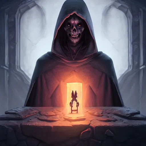 Image similar to necromancer sitting on a throne inside dungeon crypt, wearing a dark hood and completely blank mask, gray stone wall behind him by Stanley Artgerm Lau, WLOP, Rossdraws, James Jean, Andrei Riabovitchev, Marc Simonetti, and Sakimichan, Unreal Engine, 4k, trending on Artstation