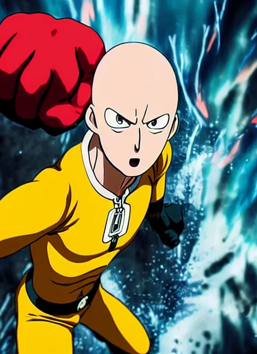 Prompt: Realistic miniature portait of One punch man Saitama raging, angry 😡, ruined city in the background, studio shot, cinematic perspective, full hd, Vibrant colors, 8k