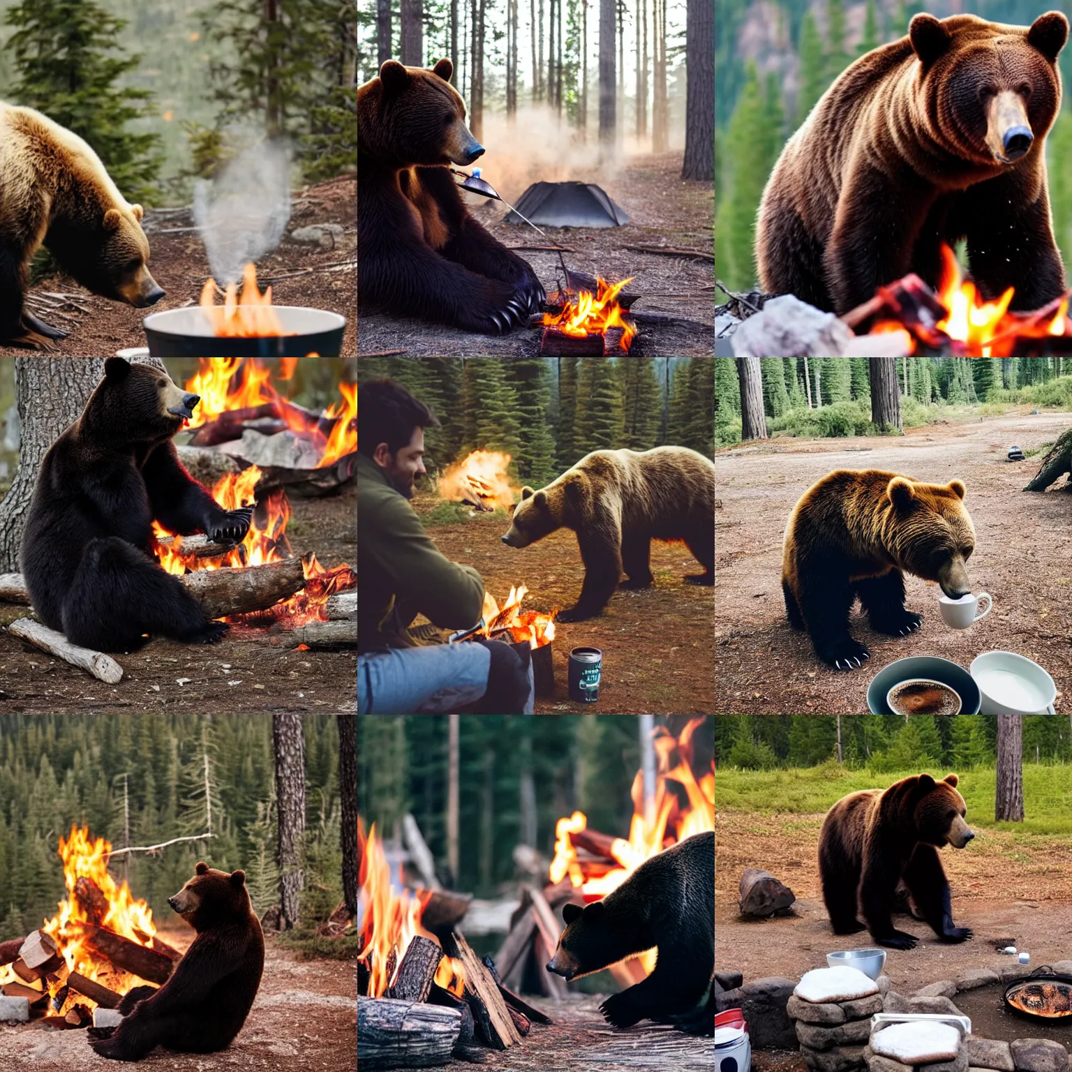 Prompt: a candid photo of a bear drinking a coffee by the campfire