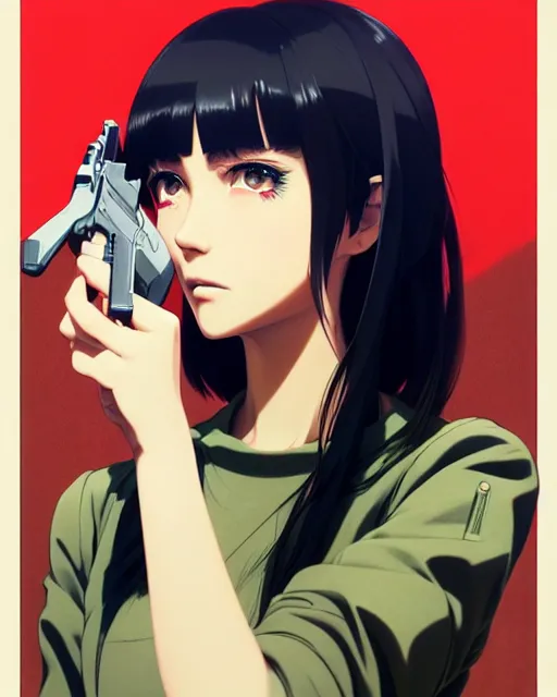 Image similar to girl holding a pistol | | very very anime!!!, fine - face, audrey plaza, realistic shaded perfect face, fine details. anime. realistic shaded lighting poster by ilya kuvshinov katsuhiro otomo ghost - in - the - shell, magali villeneuve, artgerm, jeremy lipkin and michael garmash and rob rey