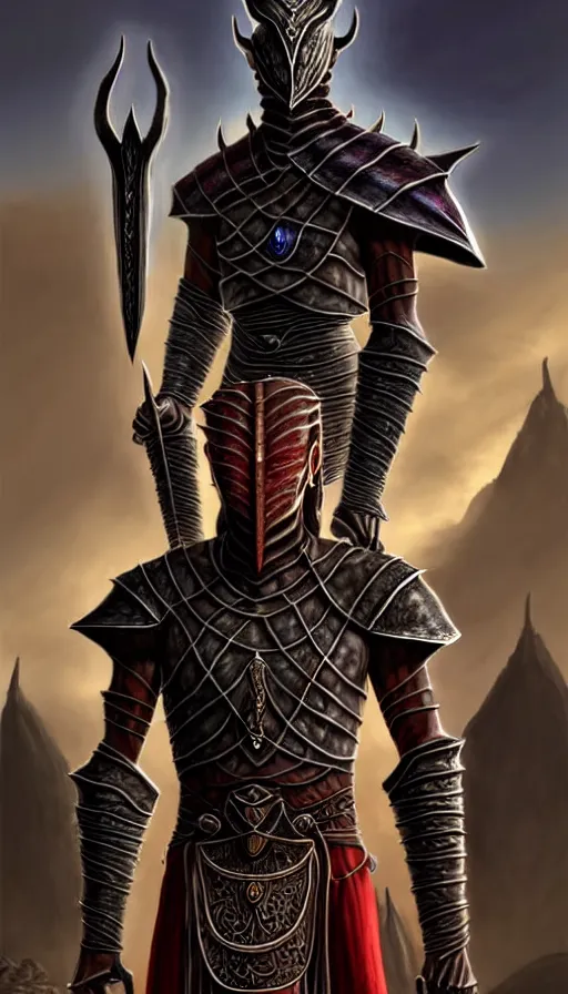 Image similar to hyperrealistic full body image of morrowind dunmer male nerevarine in front of balmora, red eyes, daedric script, telvanni, symmetrical face, handsome face, full body dnd character portrait, medieval armor, morrowind armor, oblivion armor, skyrim armor, eso armor, intricate, highly detailed, elegant, artstation, deviantart