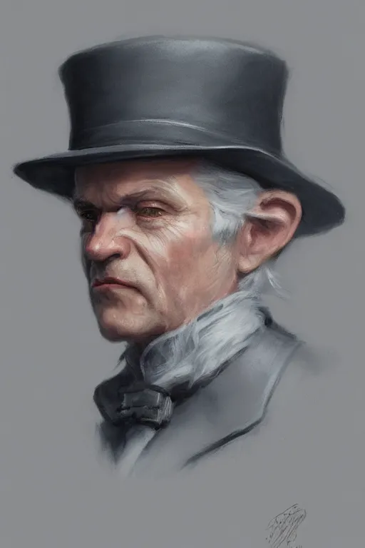 Prompt: a grey hair old halfling with no beard top hat and suit by Greg Rutkowski, painting, portrait, HD, high details, trending on artstation