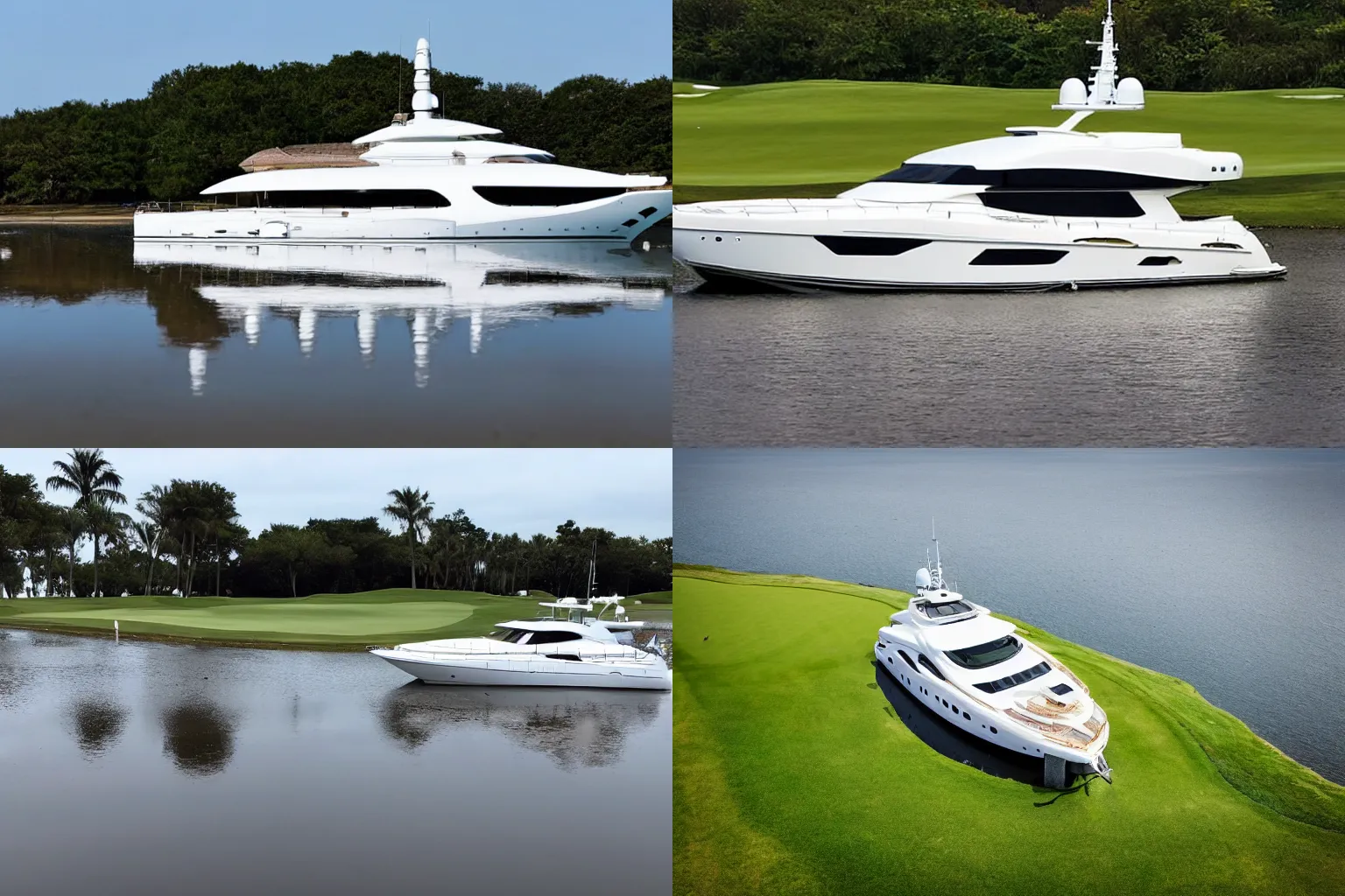 Prompt: photo of an expensive yacht floating in a tiny puddle on a golf course