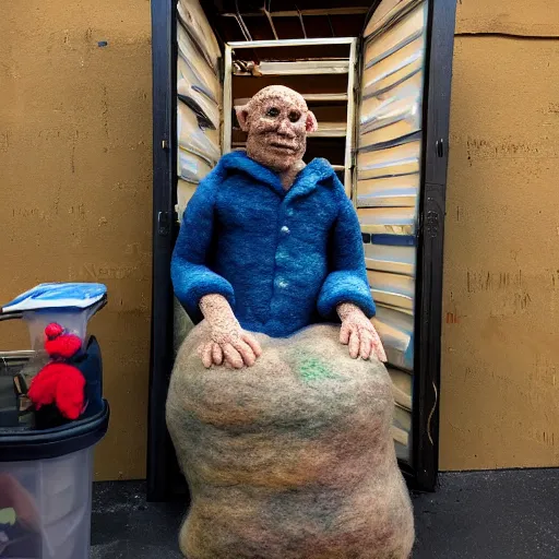 Image similar to photo of a larger than life sized needle - felted 2 0 0 year old wrinkly man covered in warts and skin tags sitting behind a needle felted dumpster in a needle felted alley way with low light and dark shadows