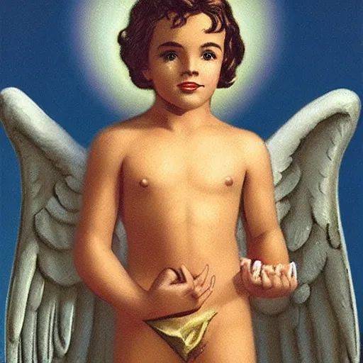 Prompt: 1 9 5 0 s boy angel in a classical temple in arcadia, art by wes hempel