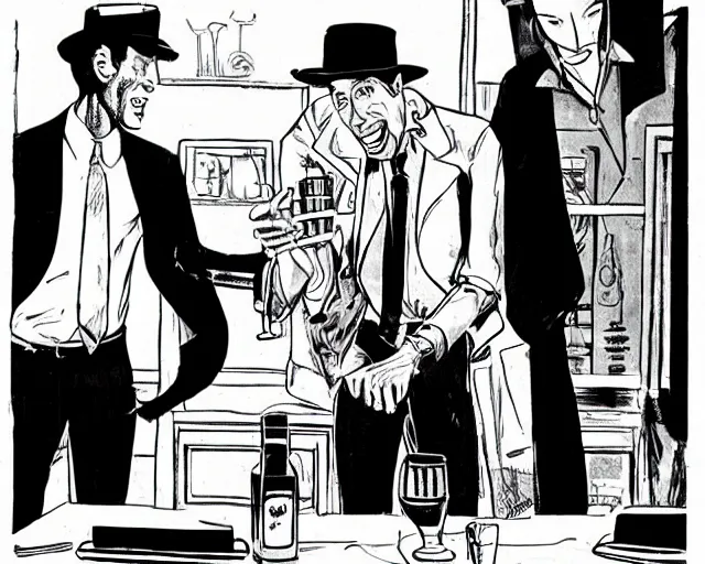Image similar to Tom Waits and Roberto Benigni in a pub by Will Eisner