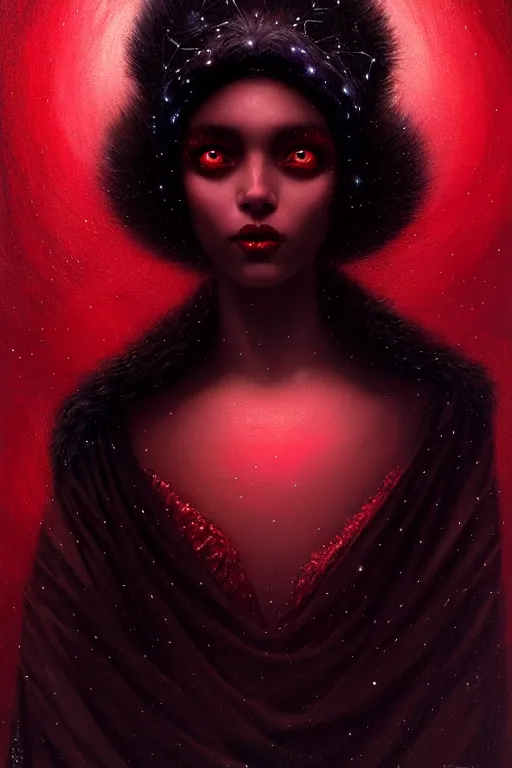 Image similar to Nocturne, glowing, stars, a portrait of black furry shadow monster hybrid woman, highly detailed, mysterious, ethereal, dressed in red velvet, haute couture, illustration, dramatic lighting, soft details, painting, by Edmund Blair Leighton, Brom, Charlie Bowater, trending on artstation, faces by Tom Bagshaw, otto schmidt