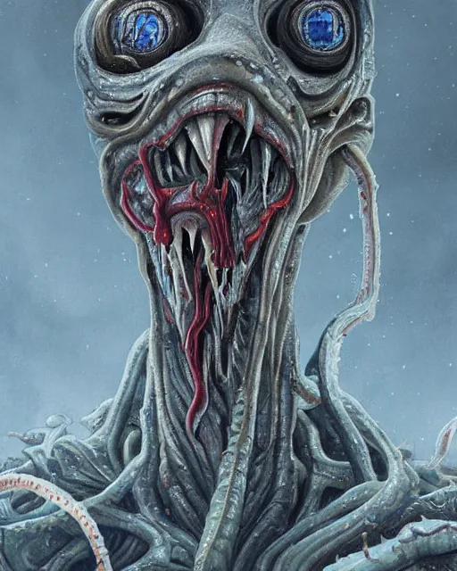 Image similar to Haunting horrifying detailed painting of a tall skinny extraterrestrial squid monster made of gelatinous fluid, floating teeth and bloodshot eyeballs, hyper detailed, trending on Artstation