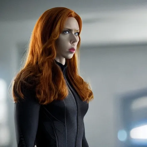 Image similar to a still frame of nicholas cage as black widow, from the 2 0 1 2 film the avengers