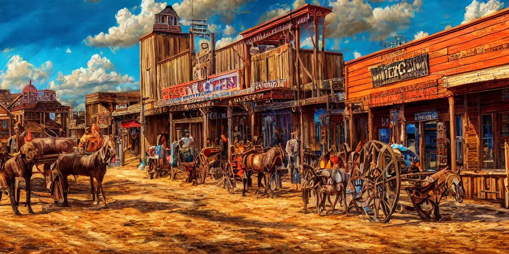 Image similar to oil painting of wild west town, western, old west, vivid colors, warm colors, high production value, intricate details, high resolution, hyperrealistic, hdr, high definition, masterpiece, ultra realistic, highly detailed, hd, sharp focus, non blurry, sharp, smooth