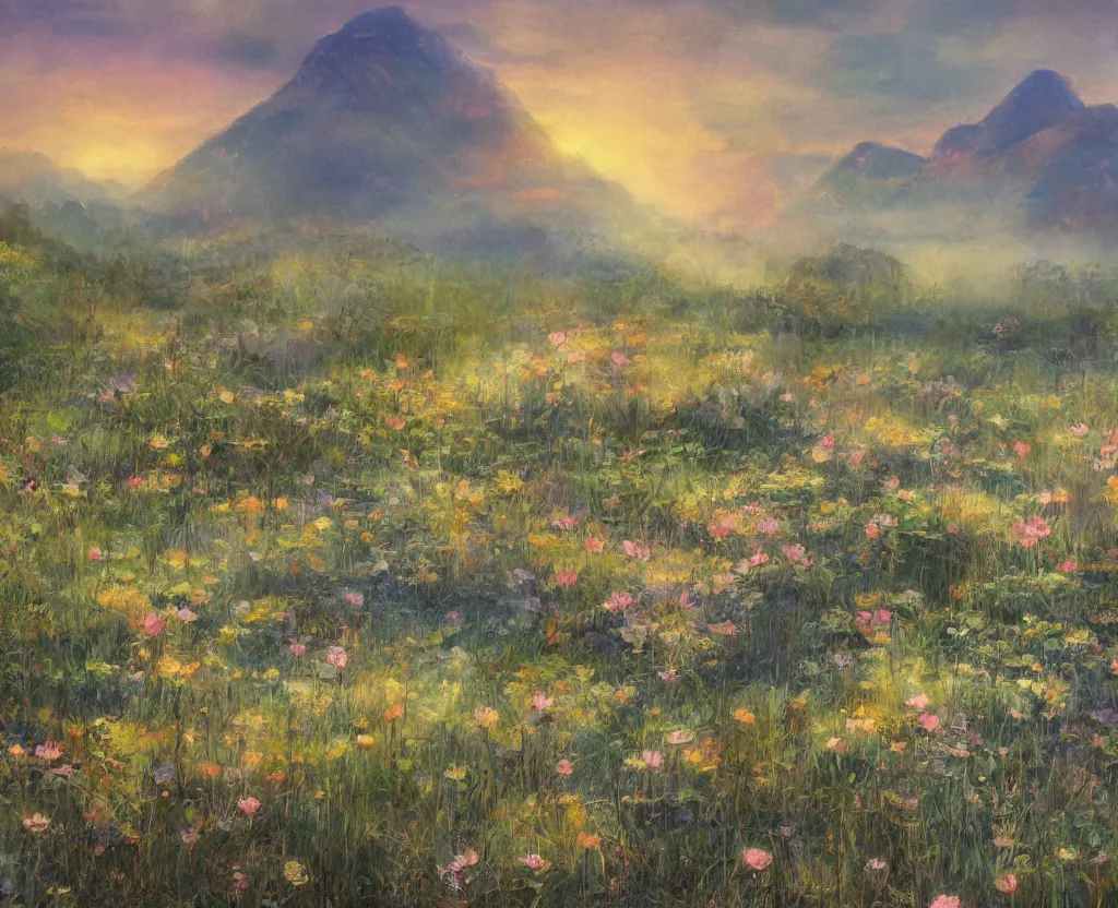 Prompt: a landscape pastel in the style of noriyoshi ohrai of a field of lotus flowers, glowing with iridescent mana. some misty mountains in the background. key art. 4 k retrofuturistic fantasy