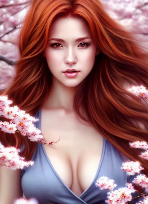 Prompt: photo of a gorgeous female with auburn hair in the style of stefan kostic, realistic, half body shot, sharp focus, 8 k high definition, insanely detailed, intricate, elegant, art by stanley lau and artgerm, cherry blossoms background