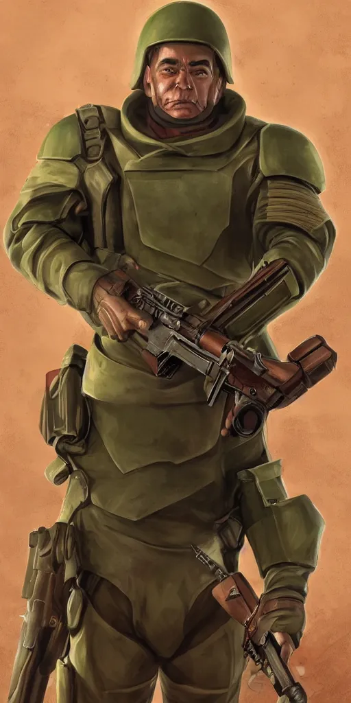 Image similar to doomguy as a soviet soldier, full body portrait, concept art, military art, art by artgerm