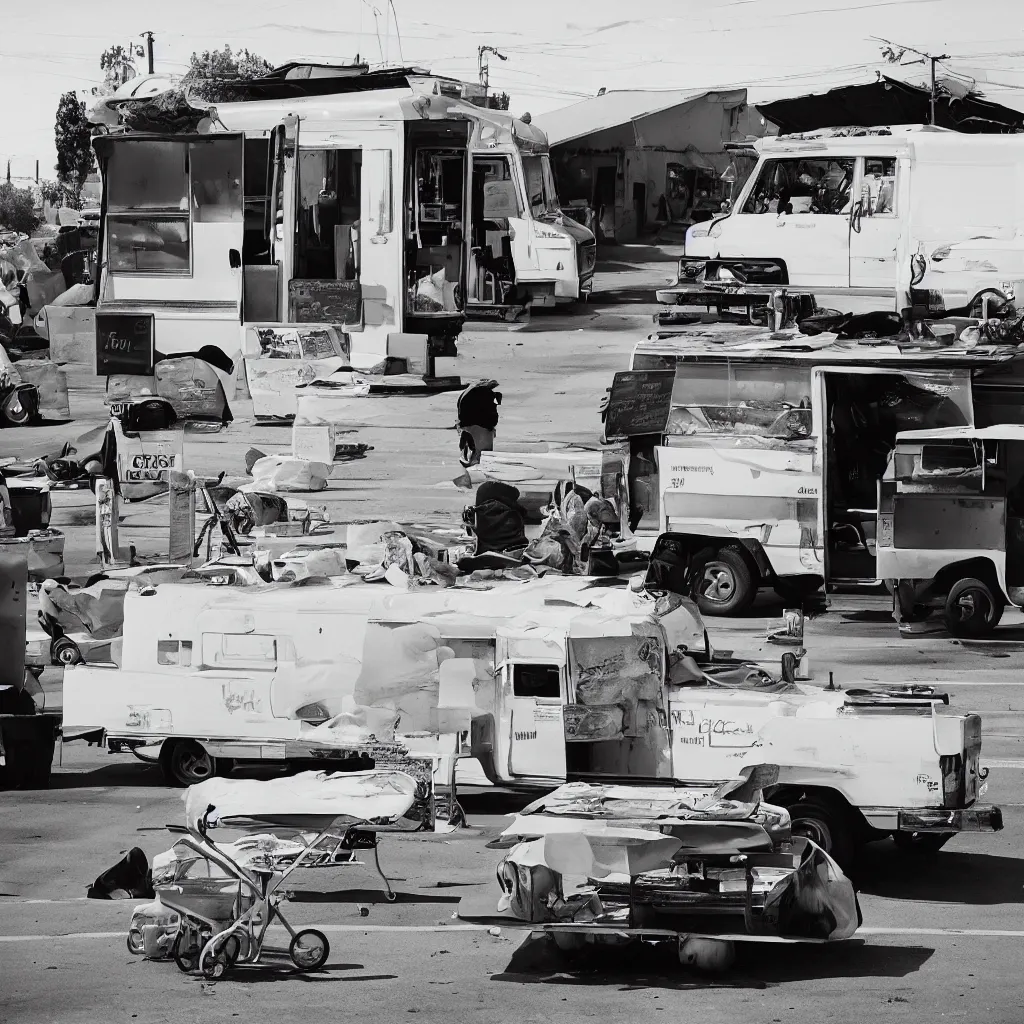 Prompt: photo of a taco truck in street view on reseda blvd in van nuys california, homeless encampment, 35mm film