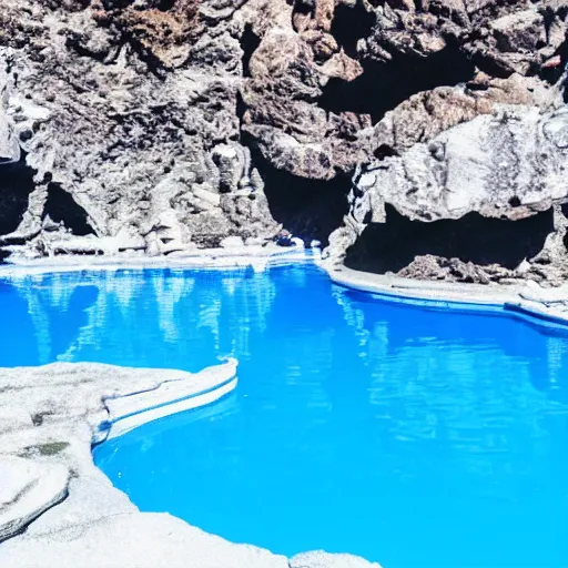 Image similar to A photo of a blue beautiful pool in the middle of hell in 85mm lense, artistic, highly realistic, super detailed, very very detailed, very ahestetic