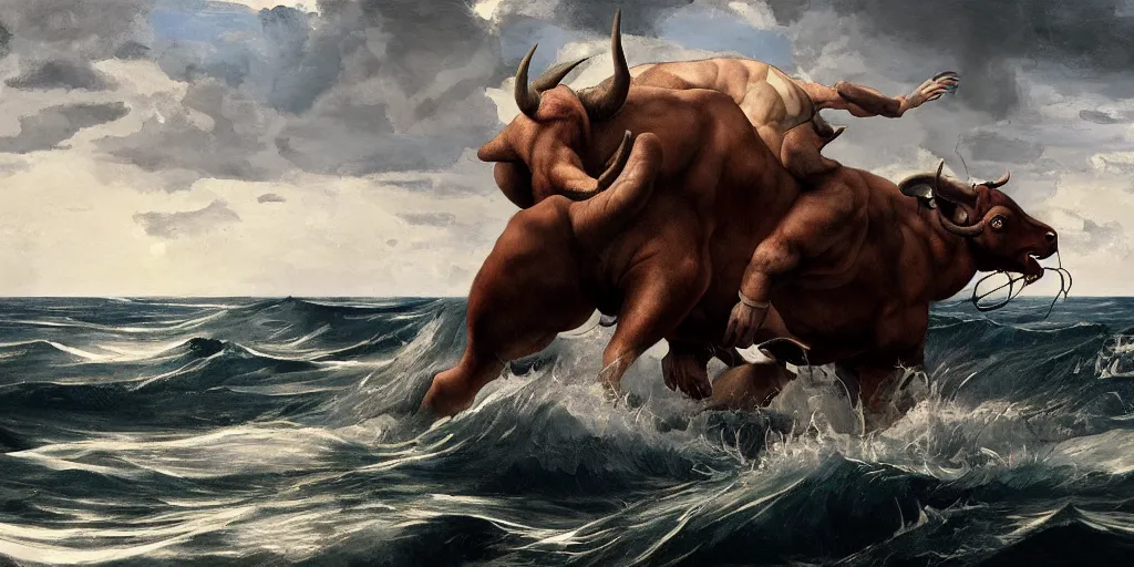 Prompt: Minotaur in Sea, by Caravaggio, studio ghibli, cinematic lighting, intricate, highly detailed, digital painting, trending on artstation, Illustration, epic scale