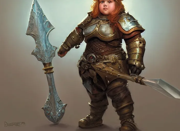 Prompt: cute chubby gnome woman wearing copper armor with sword and shield, small stature, short size, cute and adorable, pretty, DnD character art portrait, matte fantasy painting, DeviantArt Artstation, by donato giancola, ralph horley, loish, cinematic lighting