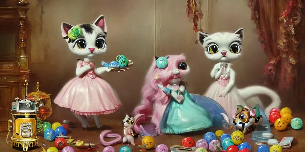 Image similar to 3 d littlest pet shop cat, vintage gothic gown, gumball machine, master painter and art style of noel coypel, art of emile eisman - semenowsky, art of edouard bisson