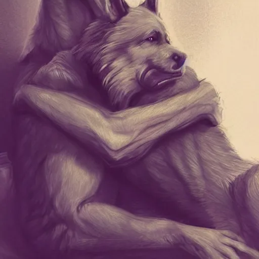 Image similar to two humanoid german shepherds beast - men, sitting on a couch and hugging together, artstation, concept art, smooth, sharp foccus ilustration, artstation