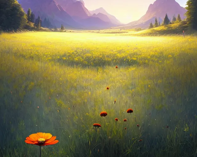 Prompt: beautiful painting of an perfect flower in a meadow in a river landscape in front of a mountaineous background, sunny day, blue sky, digital painting, ambitious lights, greg rutkowski