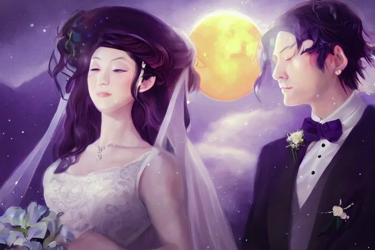 Image similar to a cinematic portrait of wedding photograph jpeg close up moment of a divine a japan sun god and moon goddess lovers magician at a wedding banquet. portraiture. digital painting. artstation. concept art. wedding photo. digital painting. violet evergarden art masterpiece by art by krenz cushart