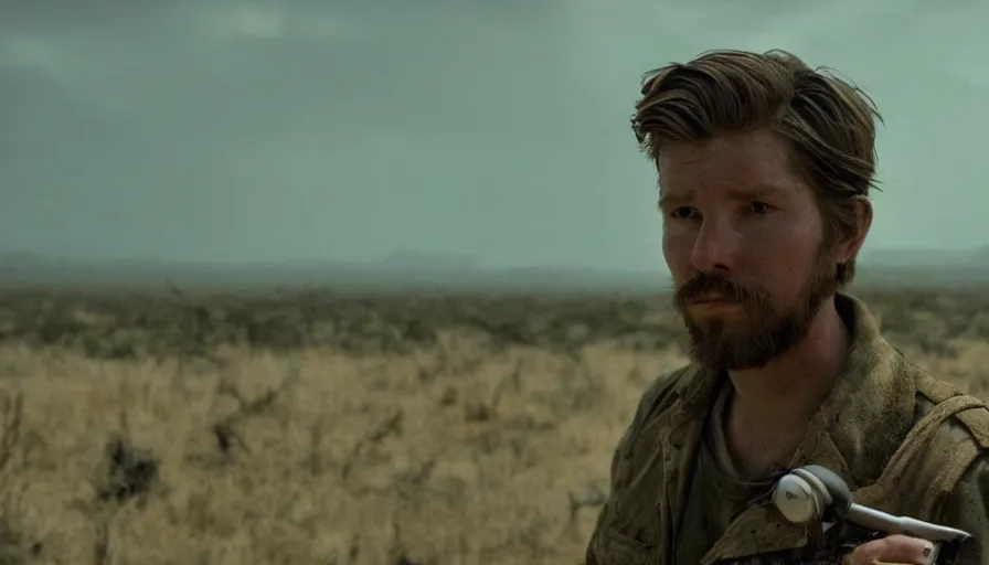 Prompt: lone survivor man holding a radio!! in post - apocalyptic nature landscape. movie screenshot. lush composition by wes anderson, shallow depth of field, cinematic. cinematic composition