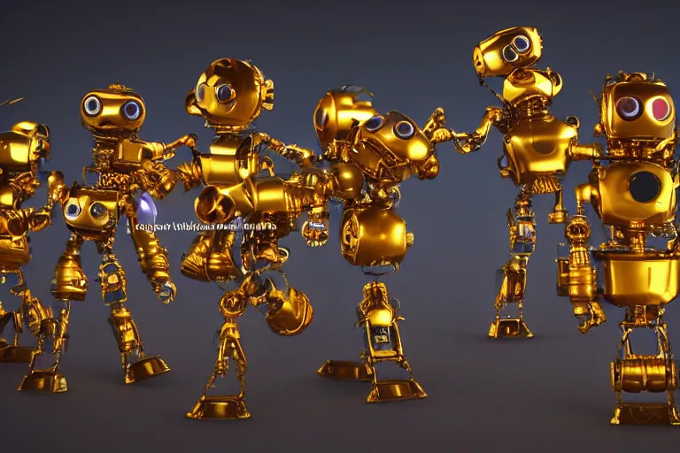 Image similar to a queue of 7 golden and blue metal humanoid steampunk robots dancing on a concert stage, robots are wearing and gears and tubes, eyes are glowing red lightbulbs, shiny crisp finish, 3 d render, 8 k, insaneley detailed, fluorescent colors, nightlight