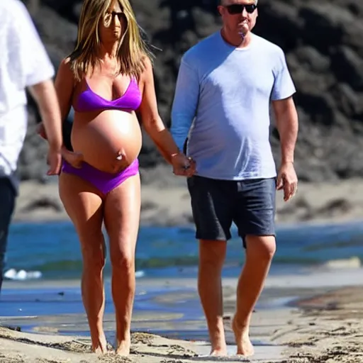 Prompt: Pregnant Jennifer Aniston walking on the beach, paparazzi photograph