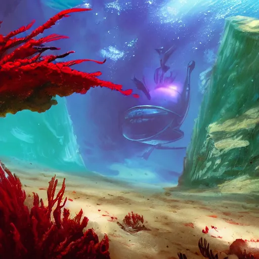 Prompt: underwater view of a strange alien world, some washed out red and green plant life, sci-fi underwater base, deep blue sea color, artstation