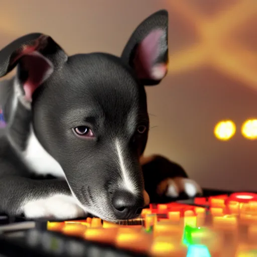 Image similar to puppy as a DJ, 8k, volumetric lighting, hyper realistic