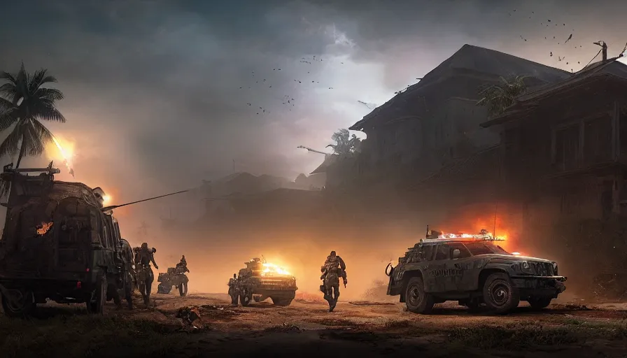 Prompt: a militarized police vehicle riding through a kerala village, troops searching the area, furious action scene, an epic fantasy, dramatic lighting, cinematic, establishing shot, extremely high detail, photorealistic, cinematic lighting, artstation, matte painting, octane render, by simon stalenhag, shadow of the tomb raider