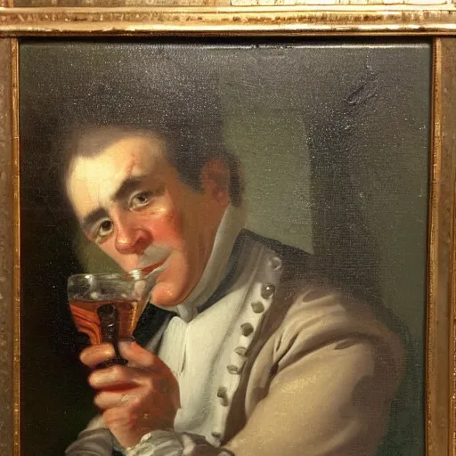 Prompt: oil painting of an 1 8 th century man drinking at a bench, some of the details of the frame are visible in his face