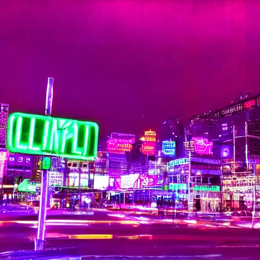 Prompt: neon purple blinking lights on a neon city