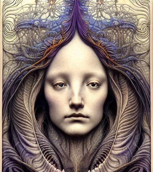 Image similar to detailed realistic beautiful dawn goddess face portrait by jean delville, gustave dore, iris van herpen and marco mazzoni, art forms of nature by ernst haeckel, art nouveau, symbolist, visionary, gothic, neo - gothic, pre - raphaelite, fractal lace, intricate alien botanicals, ai biodiversity, surreality, hyperdetailed ultrasharp octane render