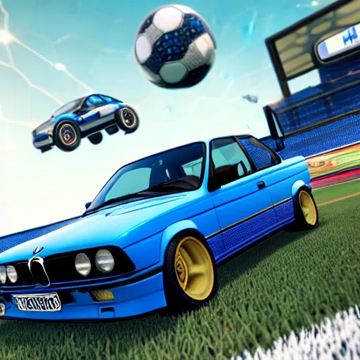 Image similar to a blue bmw e30 in the video game rocket league, rendered in unreal engine