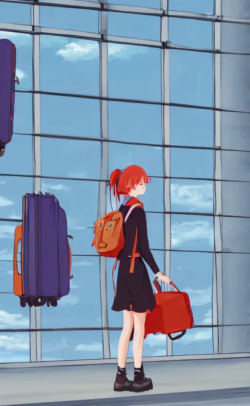 Image similar to a girl walking her luggage in front of the airport window, anime slice of life wallpaper, professional digital art, 4k ultra