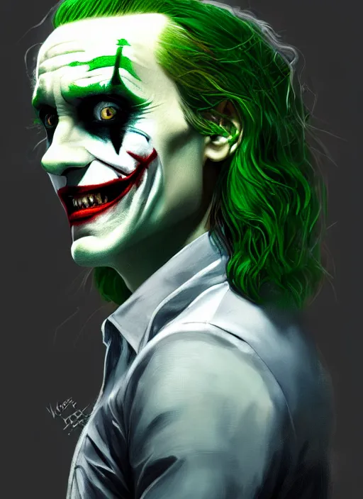 Image similar to portrait of jared leto as the joker, green hair, intricate, elegant, glowing lights, highly detailed, digital painting, artstation, concept art, sharp focus, illustration, art by wlop, mars ravelo and greg rutkowski